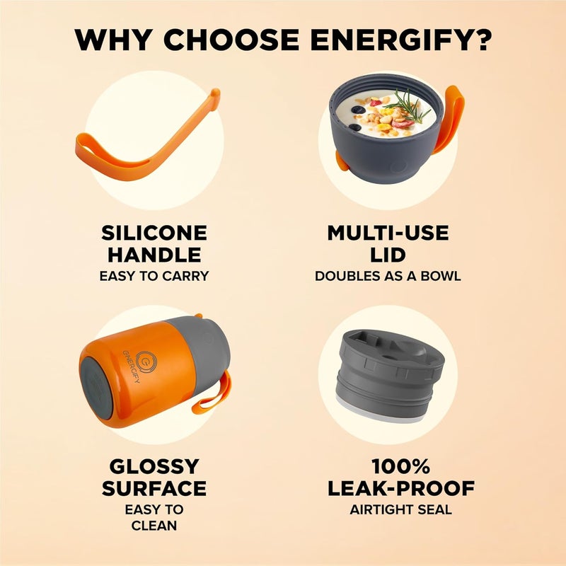 ENERGIFY Vacuum Insulated Food Jar. Large 17oz Bowl incl. Folding Spoon, Cup. Wide Mouth Keep Hot & Cold Drinks Soup Lunch Container for Adults. BPA-Free Stainless Steel, Leak Proof Orange - Image 5